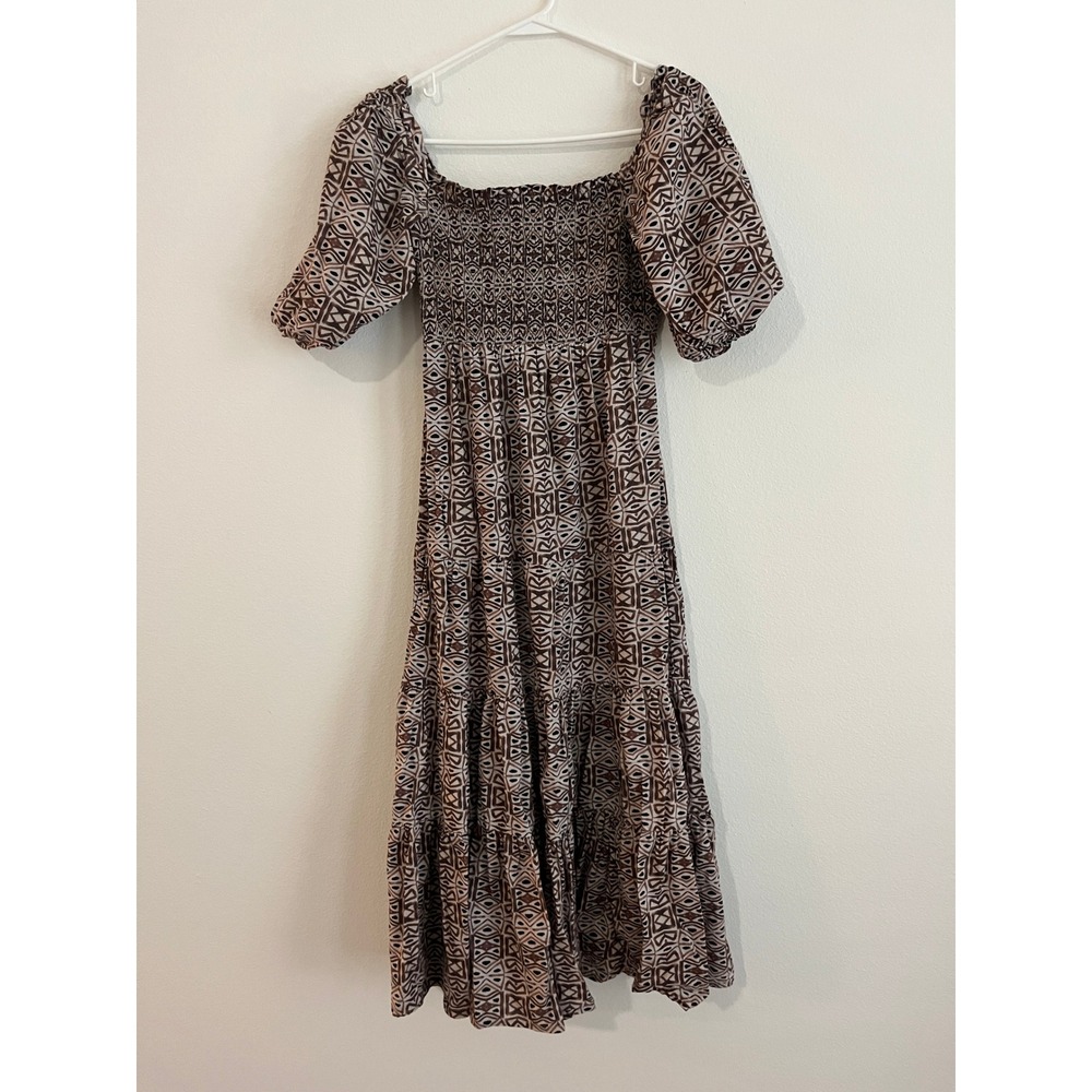 Noonday Collection Smocked Maxi Dress Brown Geometric Tribal Print Womens Size 1